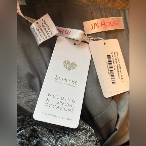 NWT JJ's House Gray Lace Top Chiffon High Low Hem Formal Dress Short Sleeve 4 - Picture 6 of 9